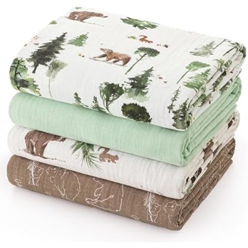 david's kids 4 Pack Baby Muslin Swaddle Blankets, 100% Cotton and Ultra Soft Breathable Receiving Blanket Wrap for Boys Girls, New Born Essentials, Large 47 x 47 inches, Woodland Animals/Green
