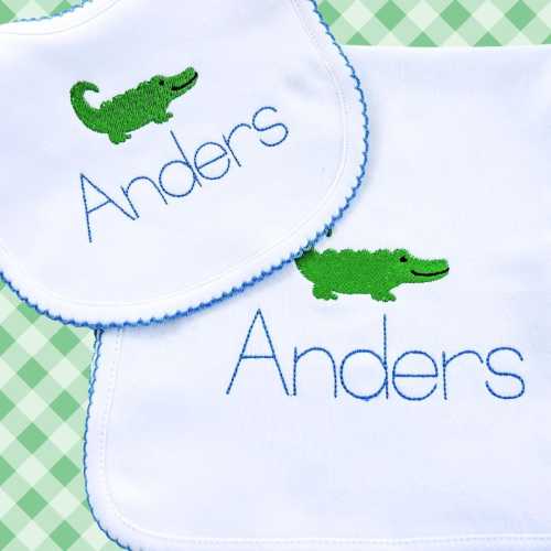 Personalized Baby Bib and Burp Cloth Set: Alligator, Dog, Mallard, Golf Cart, Flower, Bows, Hearts, Goose. Picot, Muslin, Gingham, etc.