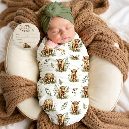 Ylsteed Baby Highland Cow Swaddle Blanket and Headband Set, Newborn Receiving Blanket Swaddle Wrap for Girls and Boys, Swaddling Blankets Neutral for Newborn 32 * 32 in