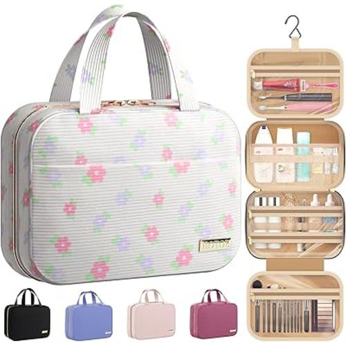 HOTOR Travel Toiletry Bag - Hanging Toiletry Bag for Women & Men, Makeup Bag/Big Comparment, Waterproof for Travel Accessories, Travel Essentials, Medium, Beige with Colorful Floral