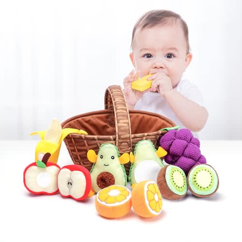 Jollybaby Plush Stuffed Cloth Fruit Food Toy Set for Toddler 1-3, Soft Fruit Basket Montessori Sensory Toy for 1 Year Old, Felt Pretend Fake Food Toy for Baby 0-6-12 Month, Newborn