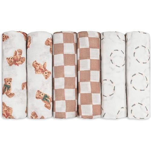 GLLQUEN BABY Receiving Blanket Boy Cotton Muslin Swaddle Blankets Girl Newborn Squares Breathable & Soft Thin Baby Blankets Cloths Double Absorbent Infant Swaddling Wrap - 6 Pack (Christmas Bear)