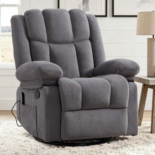 ZOY HOME Manual Swivel Rocker Recliner with Heat & Vibration, Plush Fabric Glider Reclining Chair with Side Pockets for Living Room, Apartment, Gray