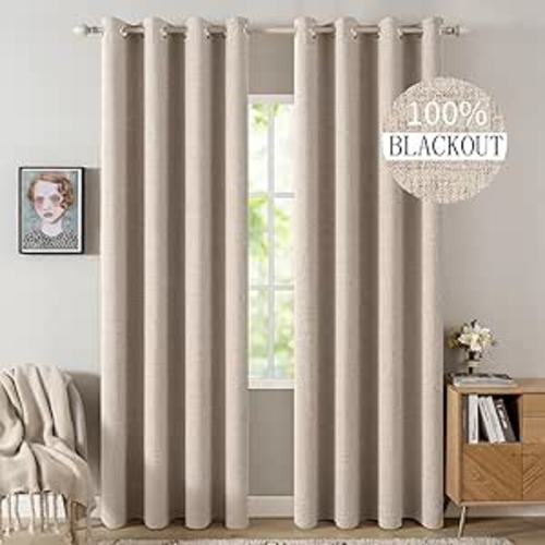MIULEE 100% Blackout Linen Textured Curtains for Bedroom Solid Thermal Insulated Natural Beige Grommet Room Darkening Curtains & Drapes Luxury Decor for Living Room Nursery 52 x 84 Inch (2 Panels)