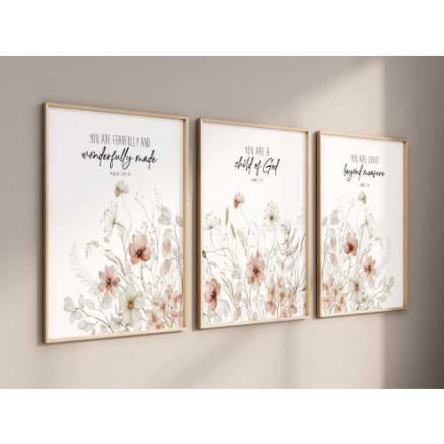 Christian Nursery Wall Art Set of 3: Natural Watercolor Floral Bible Verse Prints, Baby Girl Nursery Decor, Neutral Boho Nursery Wall Art