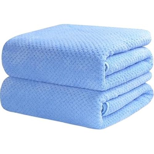 2 Pack Bath Towel Set, Waffle Bath Towel Set, Microfiber Super Soft Highly Absorbent, Sturdy Quick Drying Towels for Bathroom, Gym, Sports, Yoga (2 Piece 27" x 55", 2Blue)
