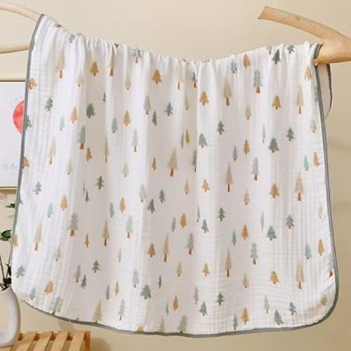 Ultra Soft 6-Layer Muslin Baby Blanket 43"x43" Breathable Cotton Swaddle Blankets for Babies Toddlers Newborn Birthday Gift All Seasons Green Christmas Tree