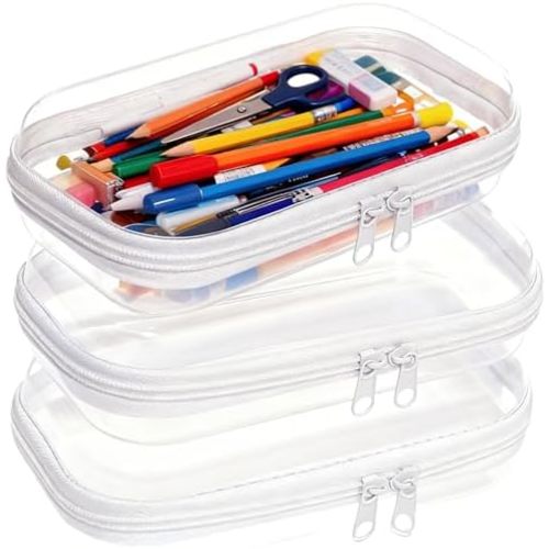 3PCS Clear Hard Plastic Zipper Case, Double Zippers Hard Pouch, Portable Travel Organizer Bin Clear Makeup Bag for Toy Storage, Snack Bag, Cosmetics, Pencil Case, Diaper Bag, Toiletry Bag