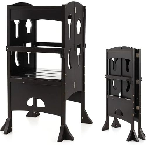 HONEY JOY Kitchen Step Stool for Toddlers, Children Wooden Standing Tower w/Safety Rail, Montessori Foldable Kids Learning Stool for Kitchen Counter(Coffee)