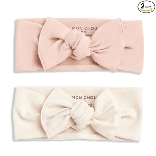 MON CHOU Baby Headbands - Set of 2 Organic Cotton Headbands for Baby Girls - Ultra Soft, 100% Pima Cotton Infant Hair Bows (Ivory & Bloom)