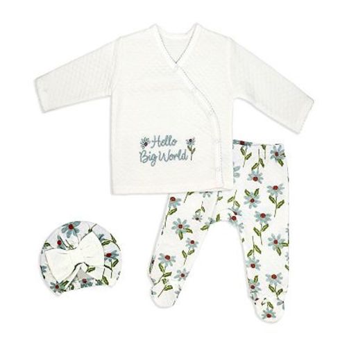 Baby Girls 3 Piece Lightly Quilted Hello Big World Layette Set, Cream Floral