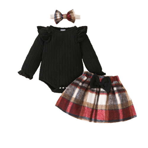 RMGVDSD Baby Girl Clothes Toddler Girl Fall Skirt Outfits Long Sleeve Ruffles Ribbed Romper Plaid Bowknot Skirts With Headband Clothes Set 0-3 Months