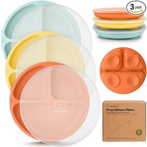 KeaBabies Suction Plates with Lids for Baby - 3-Pack 100% Silicone Toddler Plates with Suction, Divided, BPA-Free Baby Led Weaning Essentials for Kids, Dishwasher, Microwave Safe, Durable (Amaze)
