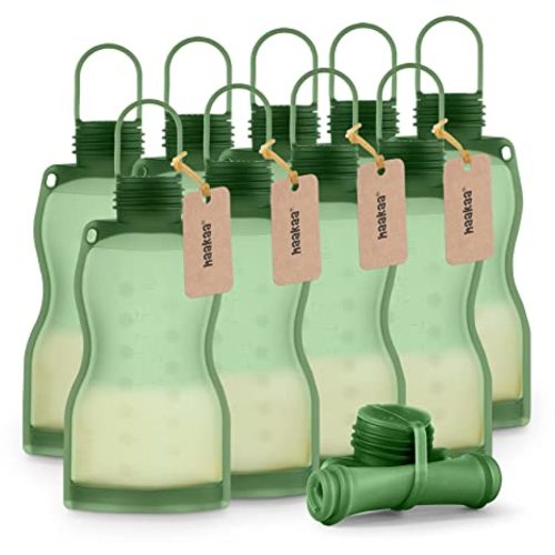 haakaa Silicone Breast Milk Storage Bag 9 oz- Reusable Milk Collector Freezer Bag for Breastfeeding Mom - Baby Food Storing Yummy Pouch - Breast Pump Bag - Self Standing -Leakproof - 5 Count,Pea Green