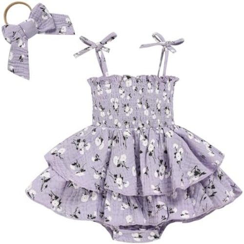 TITKKOP Baby Girl Summer Outfits Infant Double Romper - Sleeveless Bodysuit & Cake Smash Outfit
