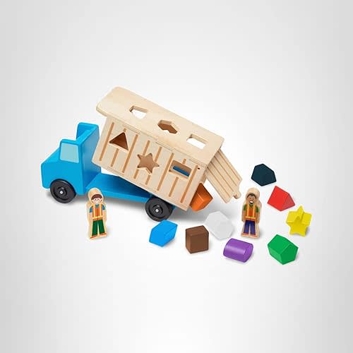 Melissa & Doug Shape-Sorting Wooden Dump Truck Toy with 9 Colorful Shapes and 2 Play Figures Wooden Vehicle Toys, Shape Sorter Toys for Toddlers Ages 2+