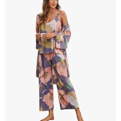 WDIRARA Women's 3 pcs Sleepwear Leaf Print Cami and Pants Pajama Set with Robe