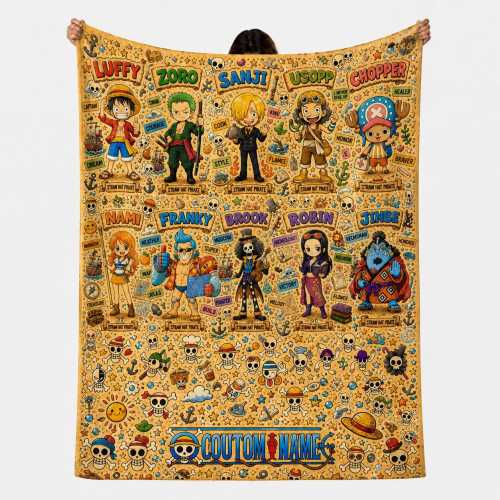 Custom Name OP Anime Blanket Soft Throw,Straw Hat Pirates Full Crew Fleece Throw,All Characters Printed Blanket, Manga Game Room Decor