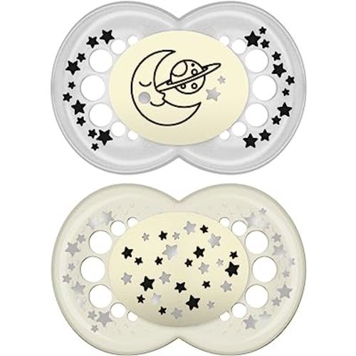 MAM Night Pacifiers (2 Count), MAM Pacifiers 6+ Months, Best Pacifier for Breastfed Babies, Glow in The Dark Pacifier, Baby Unisex Pacifier, 6-16- 2 Count (Pack of 1)