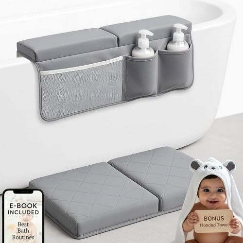 2inch XL Baby Bath Kneeler and Elbow Rest Pad Set + Hooded Towel - Embroidered Kneeling Pad for Bathing Baby - Dual-Layer Memory Foam Bathtub Kneeler and Elbow Rest Set