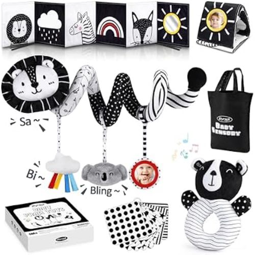 Joyreal High Contrast Baby Toys for Newborn, Black and White Baby Sensory Toys with Car Seat Toys,Infant Toys with Black White Cards Book, Montessori Toys for Baby Gifts