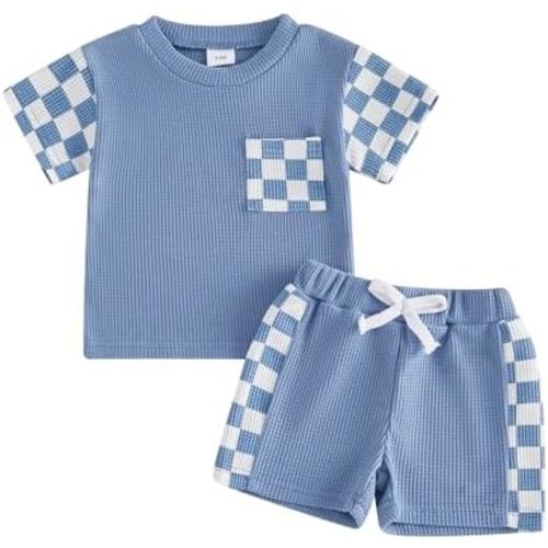 Tsultryofs Baby Boy Summer Clothes Toddler Infant Plaid Patchwork Outfit Short Sleeve Round Neck Tops and Casual Shorts Set