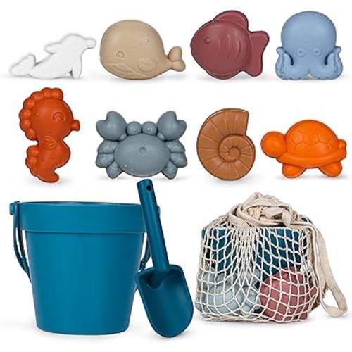 MarcZero 11Pcs Silicone Beach Toys,Modern Baby Beach Toys,Travel Friendly Beach Set,Eco Friendly Toy,Silicone Bucket, Shovel, 8 Sand Molds, Beach Bag,Silicone Sand Toys for Toddlers, Kids (Dark Blue)