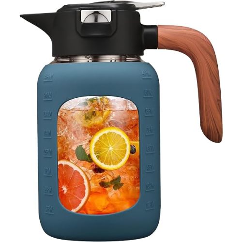 64 oz Glass Pitcher with Lid and Handle, Glass Carafe/Jug for Hot/Cold Water, Large Iced Tea Pitcher for Coffee, Juice and Homemade Beverage