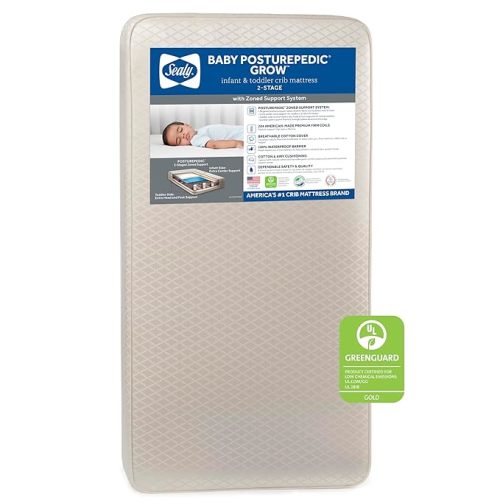 Sealy Baby Posturepedic Grow Breathable 2 Stage Waterproof Crib Mattress plus Toddler Bed Fit, Non Toxic Cotton Cover, GREENGUARD Gold Certified, Safety & Quality Tested, Made in USA, 52"X28"