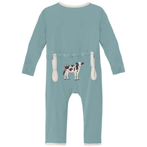 Applique Coverall with 2 Way Zipper in Jade Cow