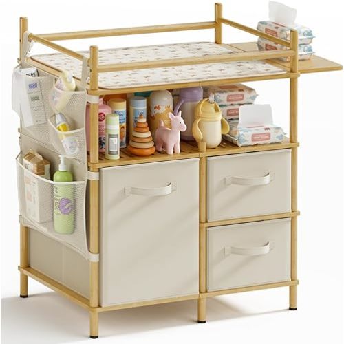 Amazer Baby Changing Table, Bamboo Baby Dresser Table with Flat Top, Diaper Changing Station with 3 Removable Storage Drawers, Large Storage Nursery Organizer Shelves with Pad, Mesh Pocket