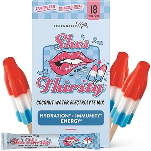 Legendairy Milk She’s Thirsty – Retro Pop, Hydration Packets | Cortisol Supplement for Stress Relief & Adrenal Support | Coconut Water Electrolytes Powder, No Sugar Added 18 ct