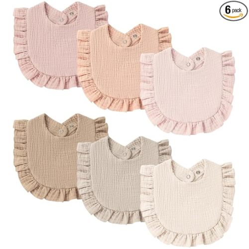 MairMore Muslin Baby Bibs, Ruffle Edge Drool Bibs, 6-Pack | 100% Muslin Cotton, Designed for Teething & Drooling Babies, Soft & Absorbent, for Boys & Girls, Newborn to Toddler (Pink)