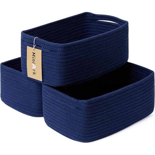MiniArk Small Storage Baskets for Organizing | Closet Organizer Bins | Shelf Toy Basket | Woven Rope Baskets | Cube Decorative Box | Shallow Basket | 11.5x7.5x4.7” | 3 Packs Navy Blue