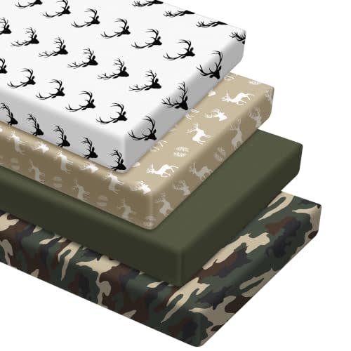 VitalCozy 4 Pcs Woodland Camo Deer Crib Sheet for Standard Nursery Decor | Fits 52x28x8 Inch Mattresses, Nursery Bedding Newborns Toddlers, Elastic Corners, Baby Shower Party Favors Girls Boys