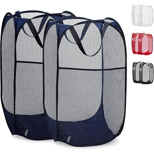 Handy Laundry Collapsible Mesh Pop Up Laundry Hamper 2-Pack – Large Foldable Laundry Basket with Side Pocket, Breathable & Durable, Space-Saving for Clothes, Toys, Travel, Dorm, Bedroom, Blue