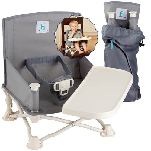 Hiccapop OmniBoost Travel Booster Seat with Tray for Baby, Dining Table, Camping, Beach, Grandma’s | Folding Portable Tip-Free Design Straps to Kitchen Chairs