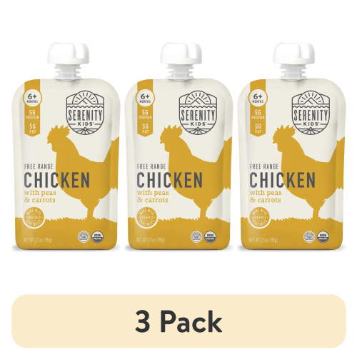 (3 pack) Serenity Kids Free Range Chicken Stage 2 Baby Food Organic Peas & Carrots, 3.5oz Pouch