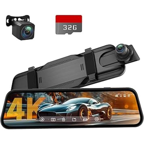4K Rear View Mirror Camera, 10'' Mirror Dash Cam with 1080P Rear Camera, Dash Cam Front and Rear for Car with Voice Control, 24H Parking Mode, Night Vision, 32GB SD Card Included