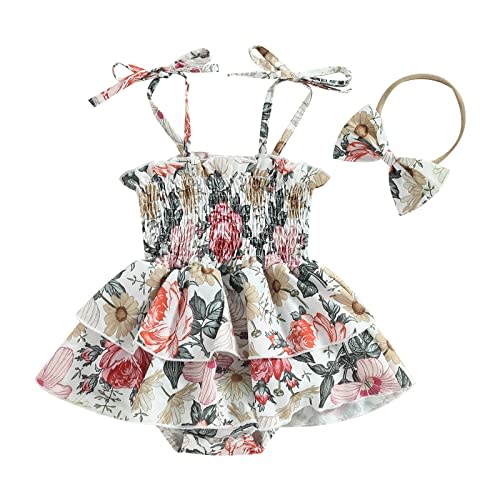 Infant Baby Girls Romper Dress 3 6 9 12 18 Months Onesie Short Sleeve Ruched Jumpsuits Skirts Hem Bodysuits Headband