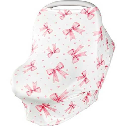 Baby Car Seat Cover for Boys Girls, Breathable Infant Carseat Canopy, Summer Lightweight Sunshade Carrier Cover for Newborn, Nursing Cover & Shopping Cart Cover, Pink Bow