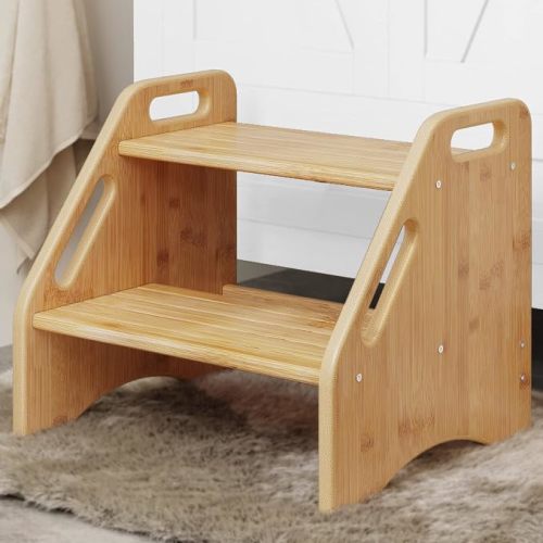 Wooden Step Stool, Two Step Stools Toddler 300 lbs Capacity with Safety Non-Slip Pads and Handles, Bamboo Step Stool for Bathroom, Kitchen Dual Height Step Stools for Kids (Natural)