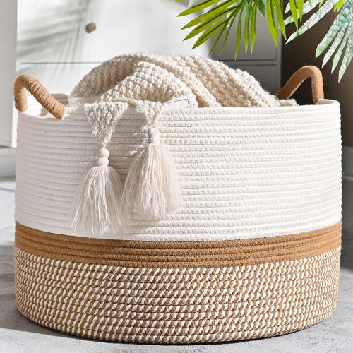 Auto Beyond Large Blanket Basket , Cotton Rope Blanket Basket, Woven Basket for Baby Clothes, for Living Room, Laundry Room, Nursery, Baby Toys(20 "x13")