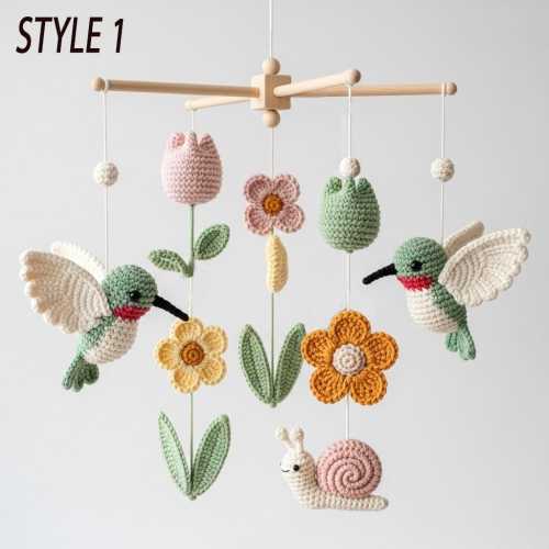 Crochet Baby Mobile – Hummingbird & Floral Nursery Decor, Scandinavian Wooden X-Frame, Neutral Pastel Handmade Crib Mobile