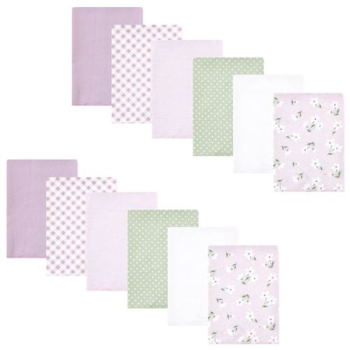 Hudson Baby Infant Girl Cotton Poly Flannel Burp Cloths Bundle, Purple Dainty Floral, One Size