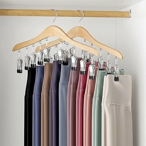 Legging Organizer for Closet, Wooden Yoga Pants Hangers 2 Pack with 10 Clips Holds 20 Leggings, Space Saving Hanging Closet Organizer, Closet Organizers and Storage, Dorm Room Organization