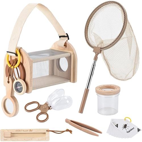 Wooden Bug Catching Kit for Kids - 10 PCS Outdoor Exploration Set with Bug Habitat, Magnifying Glass, Bug Container &Other Adventure Kit —STEM Educational Toy for Boys & Girls Ages 4-8