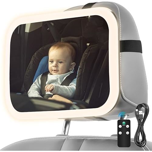 Baby Car Mirror with Light, 3000mAh Rechargeable, Shatterproof, Adjustable Rear-Facing Infant Mirror for Car Seats, Wide View, 360° Rotation, with Remote Control, Safe Travel for Newborns, Toddlers