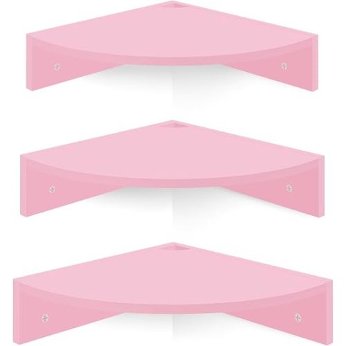 Homode Corner Shelf Wall Mount, Set of 3 Corner Floating Shelves with Cable Hole, 3 Tier Wood Corner Hanging Shelves, Living Room Bedroom Bathroom, Pink