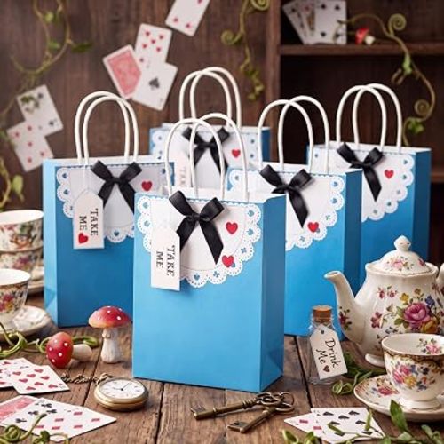 Kolldenn 24 Set Blue Tea Party Favor Bags with Take Me Tags Apron Pattern